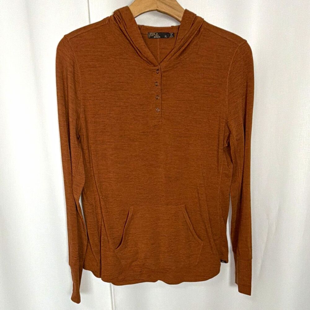 prAna Men's Rust Orange Pullover Hoodie XL Long Sleeve Pockets Button